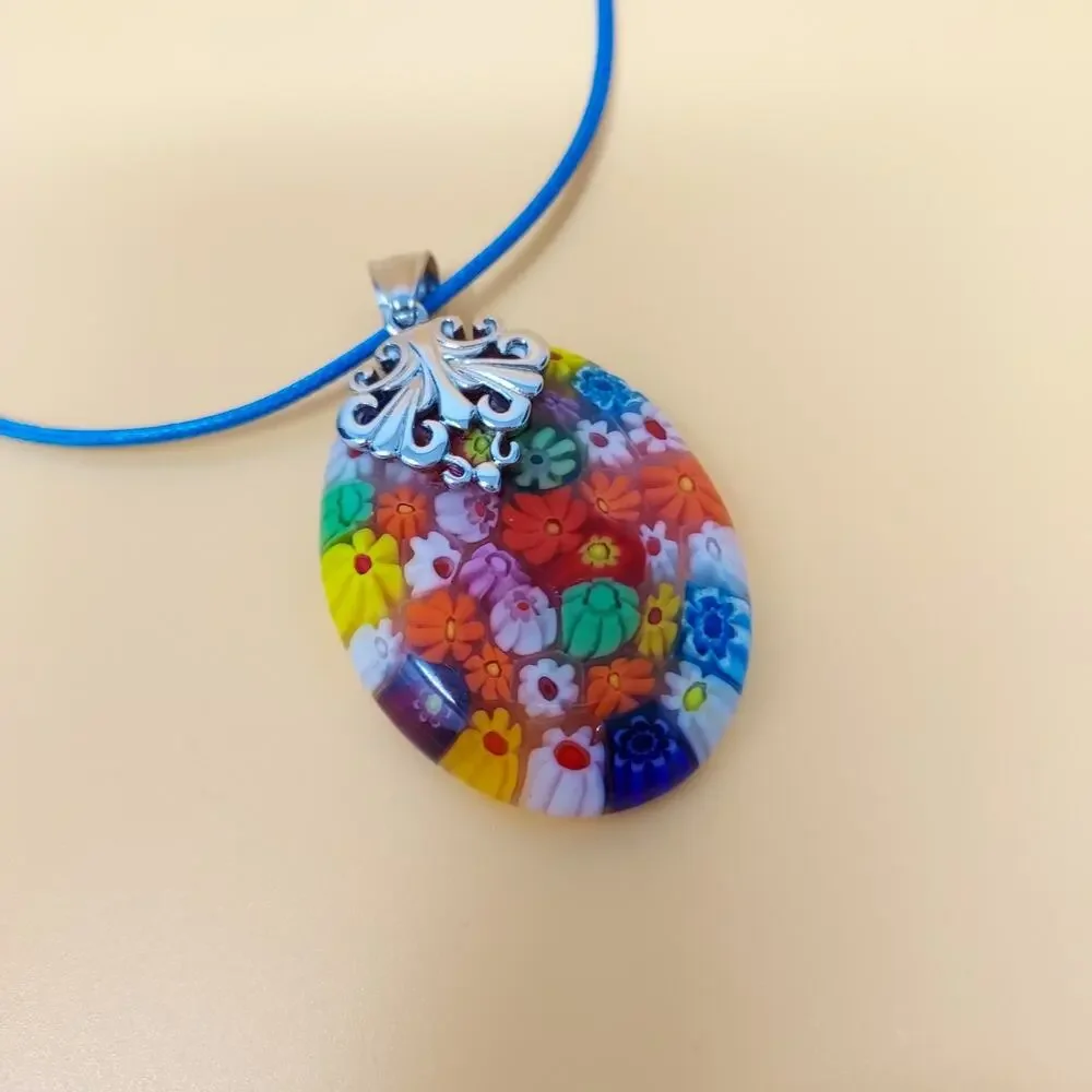 Glass Millefiori Pendant 2" drop Silver Tone Accents Colorful Italy Boho Artisan - Picture 3 of 9